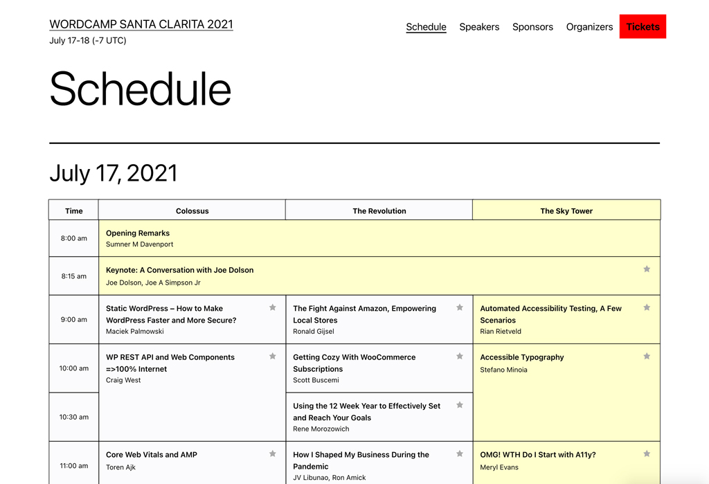 WordCamp Santa Clarita 2021 online schedule is released. We present all things WordPress with a special focus on WordPress and Accessibility. Tickets at https://santaclarita.wordcamp.org/2021/schedule/