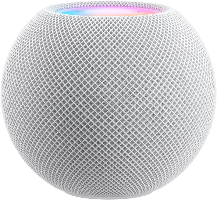 白色 HomePod mini 及上方有一個串出「mini」一字的彩色像素動畫。