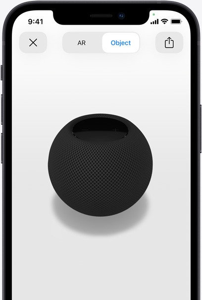 iPhone 螢幕上顯示太空灰 HomePod 的 AR 畫面。