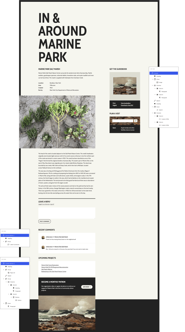 A zoomed-out view of a single post with one sidebar widget area and two footer widget areas. The site content is about Marine Park Salt Marsh. A List View of blocks floating next to each widget area shows how the design is constructed.