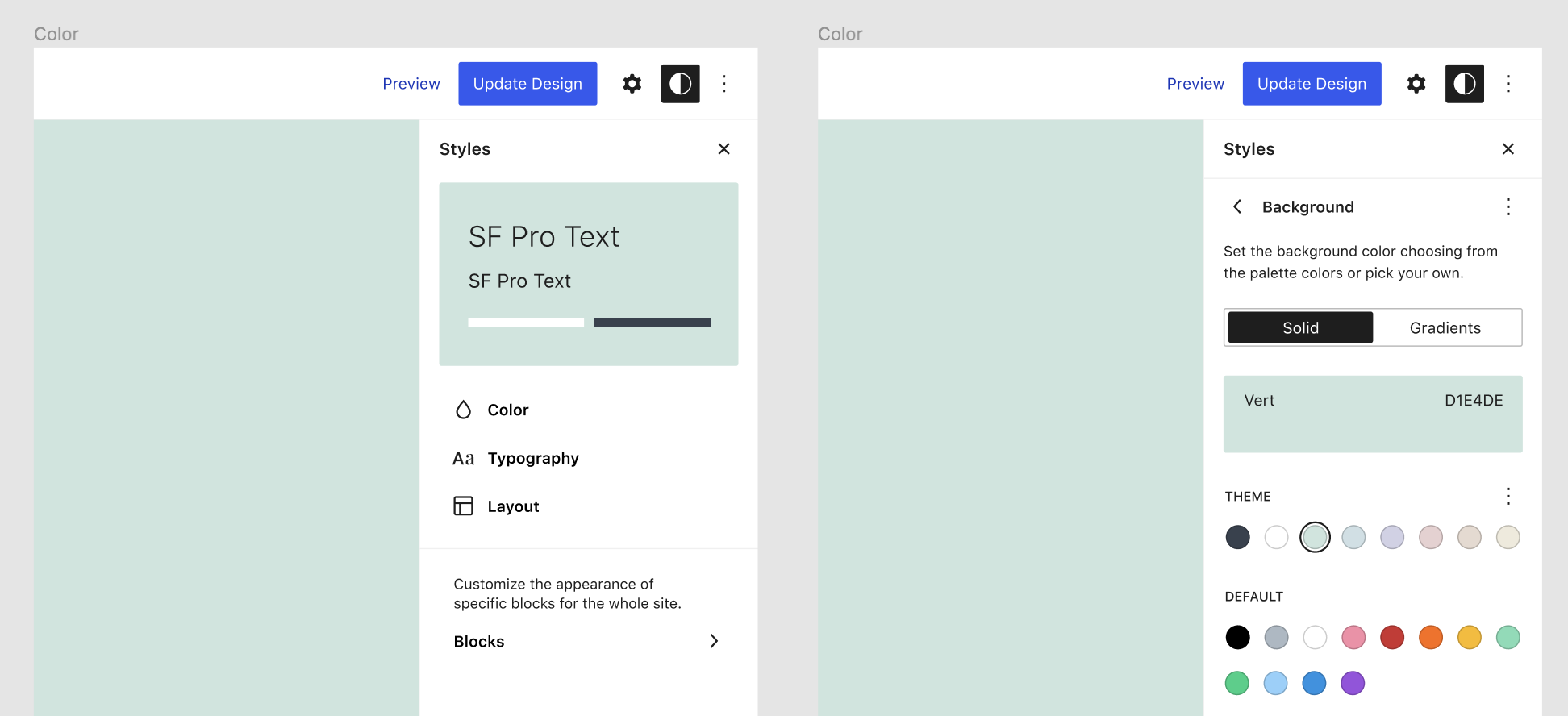 Global Styles panel showing the main area and the background color section.