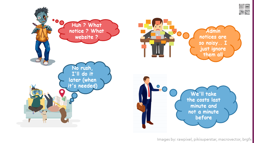 Image showing four persona's:
1. The zombie thinking "Huh, what notice ? what website ?"
2. The overwhelmed person thinking "Admin notices are so noisy, I just ignore them all".
3. The laid-back person thinking "No rush, I'll do it later (when it's needed)".
4. The business person thinking "We'll take the costs last minute and not a minute before".