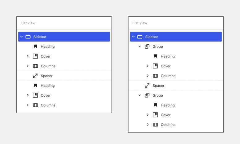 Side-by-side comparison of List view of a Sidebar widget area with and without grouped/nested lockups.
