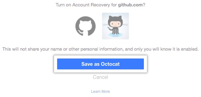 Facebook page with button for turning on account recovery