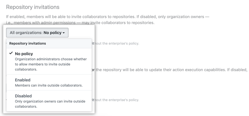 Drop-down menu with outside collaborator invitation policy options