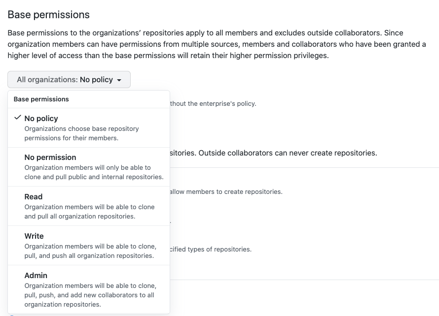 Drop-down menu with repository permissions policy options