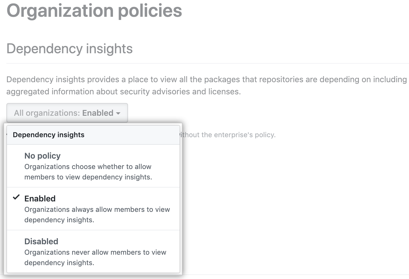 Drop-down menu with organization policies options