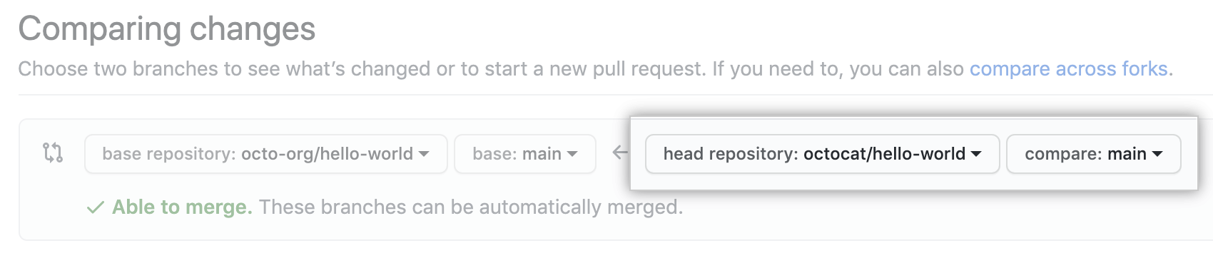 Drop-down menus for choosing the head fork and compare branch