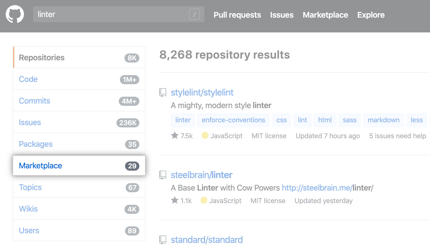 Search results for linter with Marketplace side-menu option highlighted