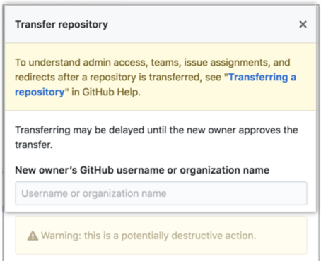 Information about repository transfer and field to type the new owner's username