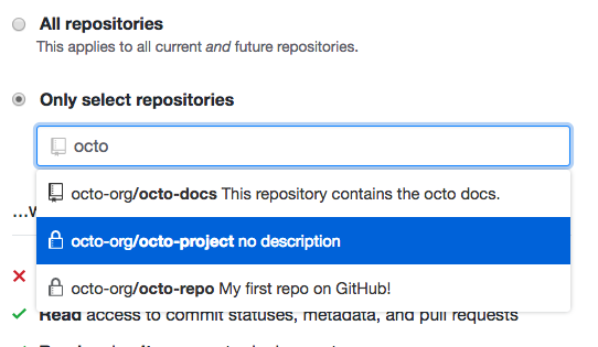 Field to select repositories you'd like to give to app access to