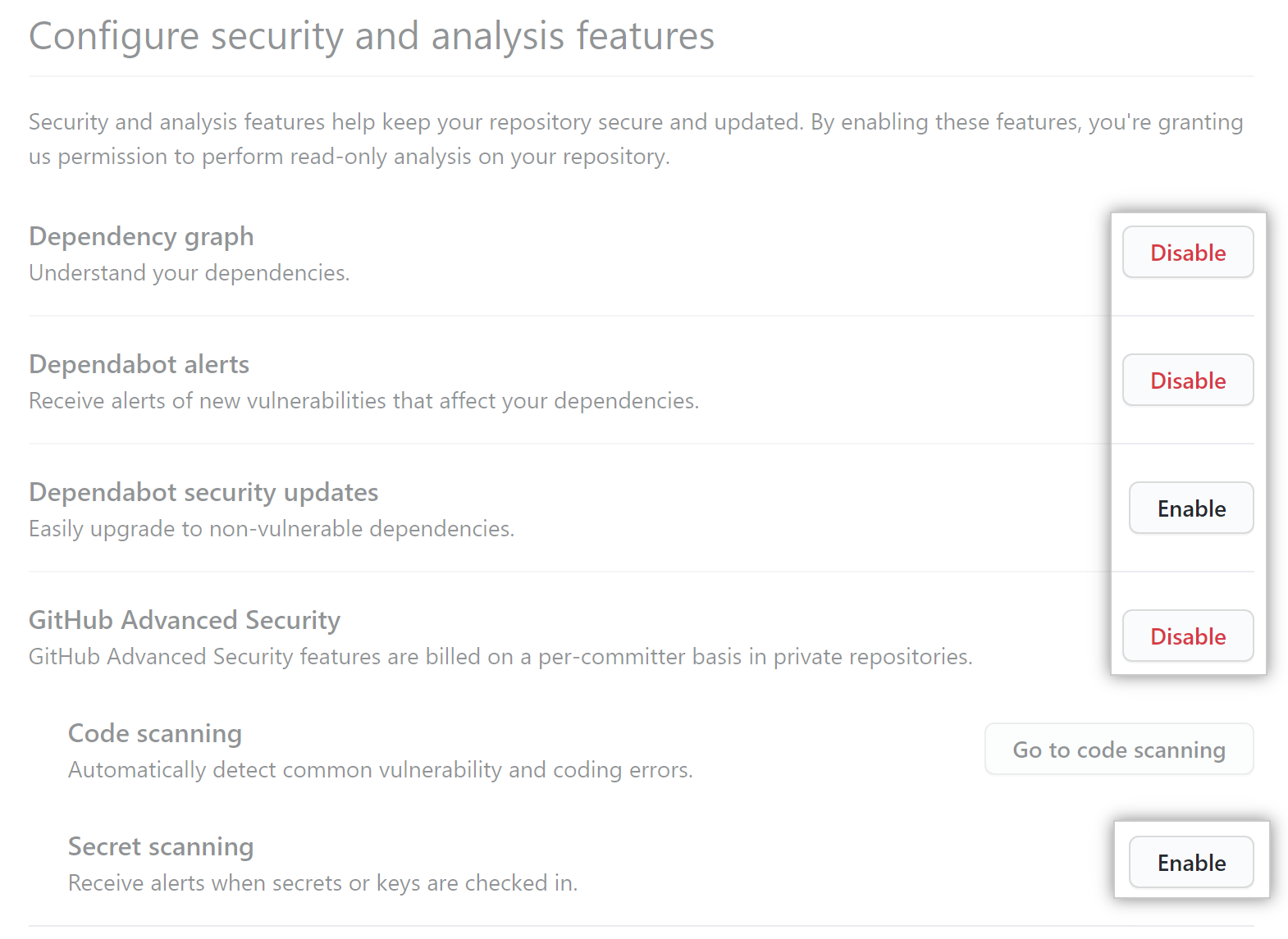 "Enable" or "Disable" button for "Configure security and analysis" features