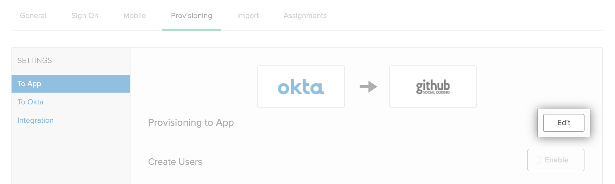 Okta アプリケーションのプロビジョニングオプションに使用する [Edit] ボタン