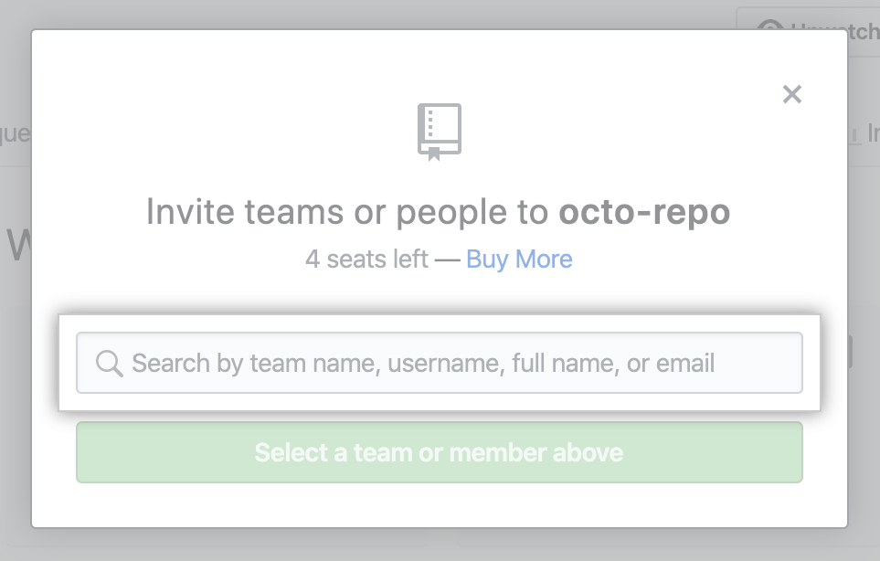 Search field for typing the name of a person to invite to the repository