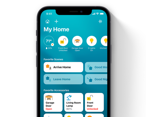 iPhone with HomeKit device graphics.