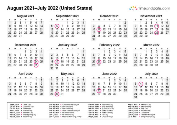 Calendar for 2021 in United States