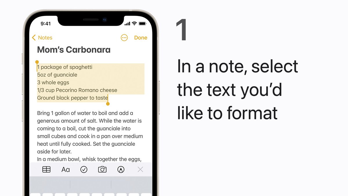 Step 1:
In a note, select the text you'd like to format. 
