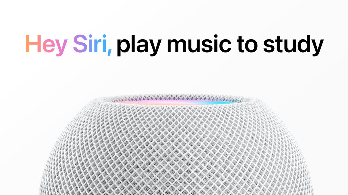 HomePod mini on a white background, with copy saying, “Hey Siri, play music to study.”