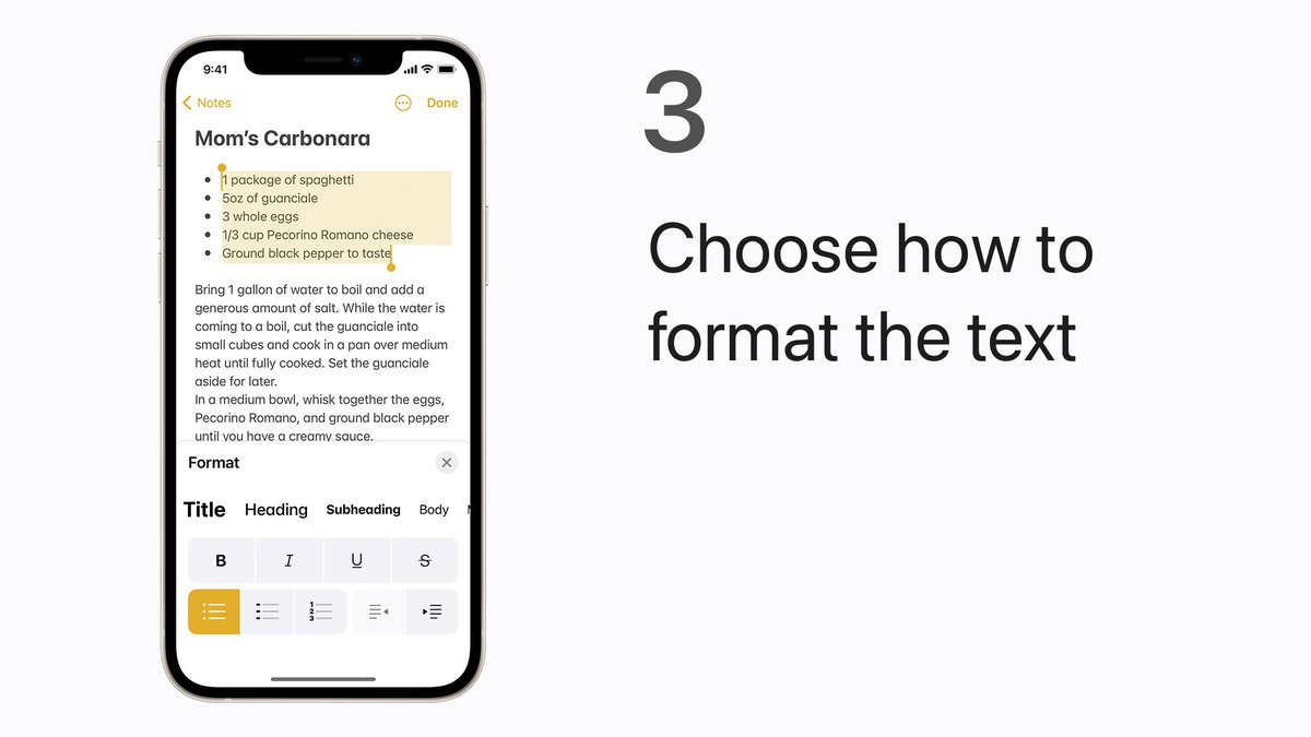 Step 3:
Choose how to format the selected text. Formatting options include title, heading, subheading, body text, monospaced font, bold, italic, underline, strikethrough, bulleted list, numbered list, and indenting.