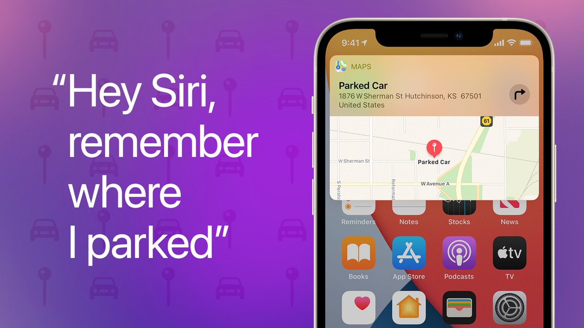 “Hey Siri, remember where I parked.” iPhone displays a Maps preview with the location of a parked car.