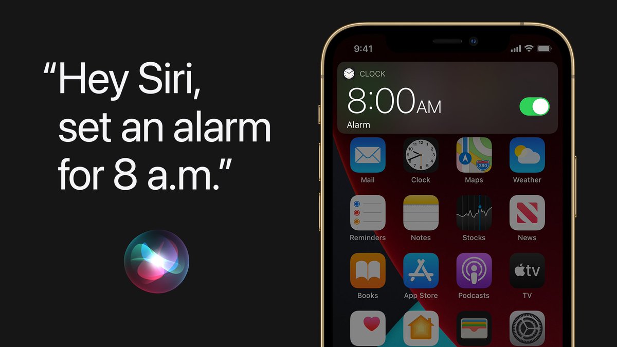 Hey Siri, set an alarm for 8 a.m. iPhone sits next to the title and shows an 8 a.m. alarm set.