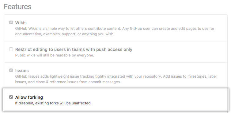 Checkbox to allow or disallow forking of a private repository
