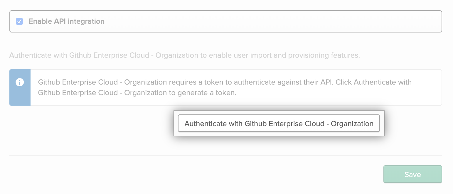 "Authenticate with Github Enterprise Cloud - Organization" button for Okta application