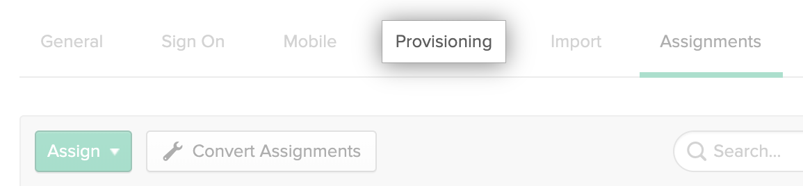 "Provisioning" tab for Okta application