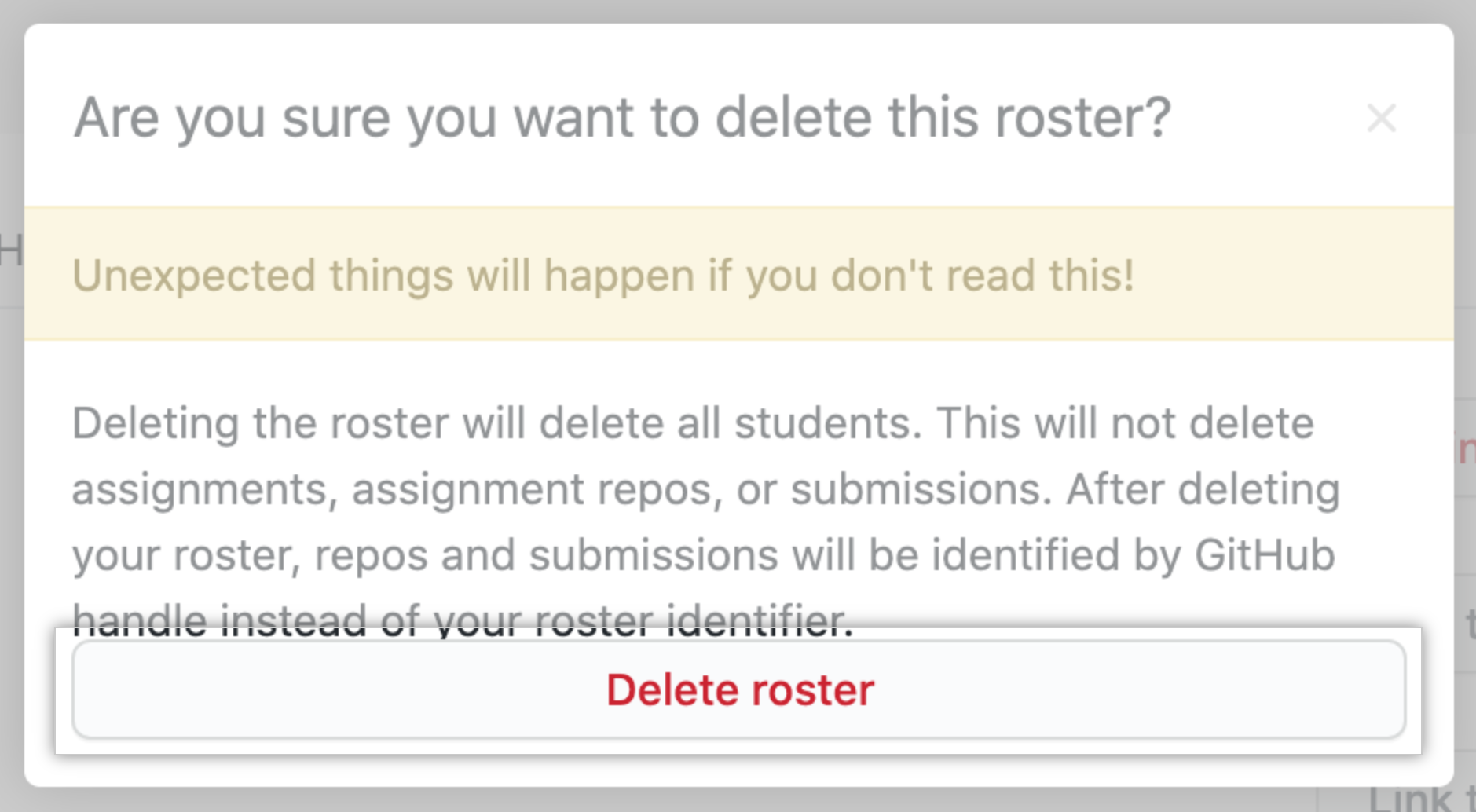 "Delete roster" button under "Delete this roster" in "Students" tab for a classroom