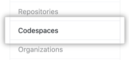 Codespaces tab in the user settings sidebar