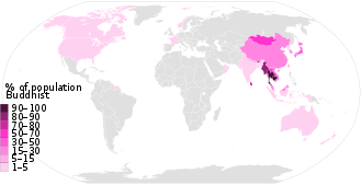 purple Percentage of Buddhists by country, showing high in Burma to low in United States