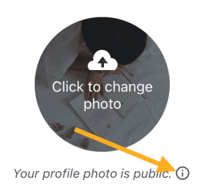 An arrow pointing to the Info icon at the end of the line of text that says "Your profile photo is public". 