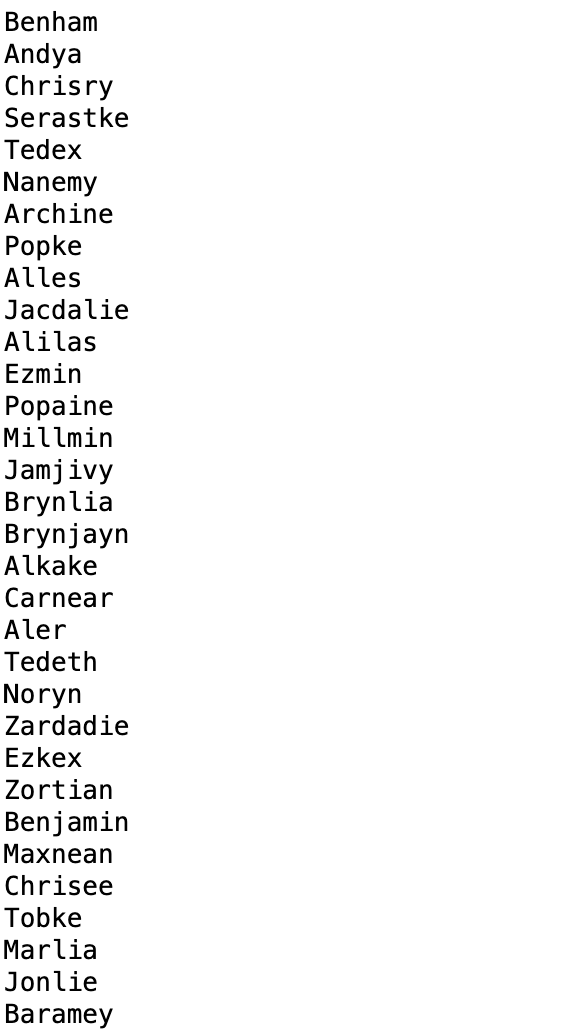 A list of made up names. eg Benham, Andya, Chrisry, Seratke, Tedex, Nanemy, Archine, Popke, Alles, Ezmin, Aler