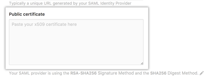 Field for the public certificate from your identity provider