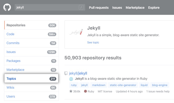 Jekyll repository search results page with topics side-menu option highlighted