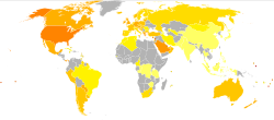 A map of the world with countries colored to reflect the percentage of men who are obese. Obese males and females have higher prevalence (above 30%) in the US and some Middle Eastern and Oceanian countries, medium prevalence in the rest of North America and Europe, and lower prevalence (<5%) in most of Asia and Africa.