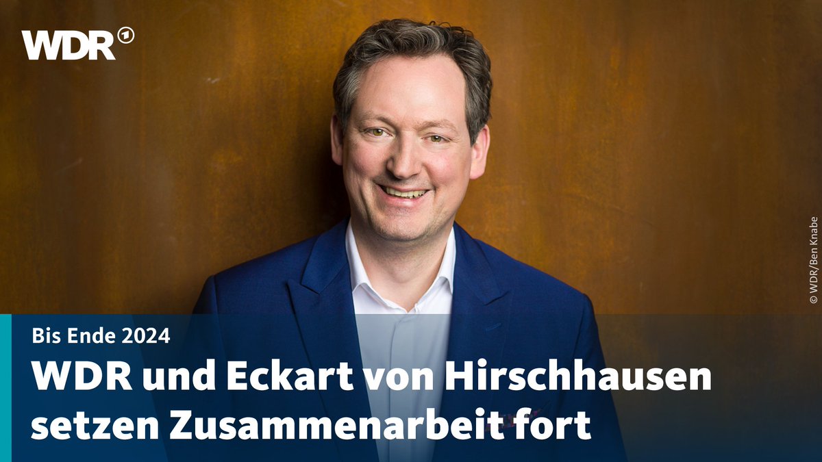 Ein Foto von Moderator Eckart von Hirschhausen. Dazu der Text: "Bis Ende 2024. WDR und Eckart von Hirschhausen setzen Zusammenarbeit fort".