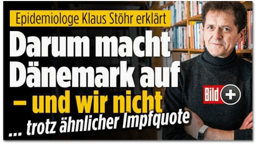 Screenshot Bild.de - Epidemiologe Klaus Stöhr erklärt - Darum macht Dänemark auf und wir nicht - trotz ähnliche Impfquote