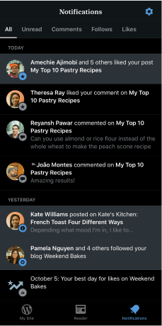 Picture of mobile version of WordPress.com app showing notifications