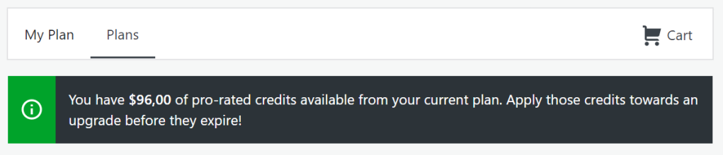 The pro-rated credits notice is showing on the plans page.