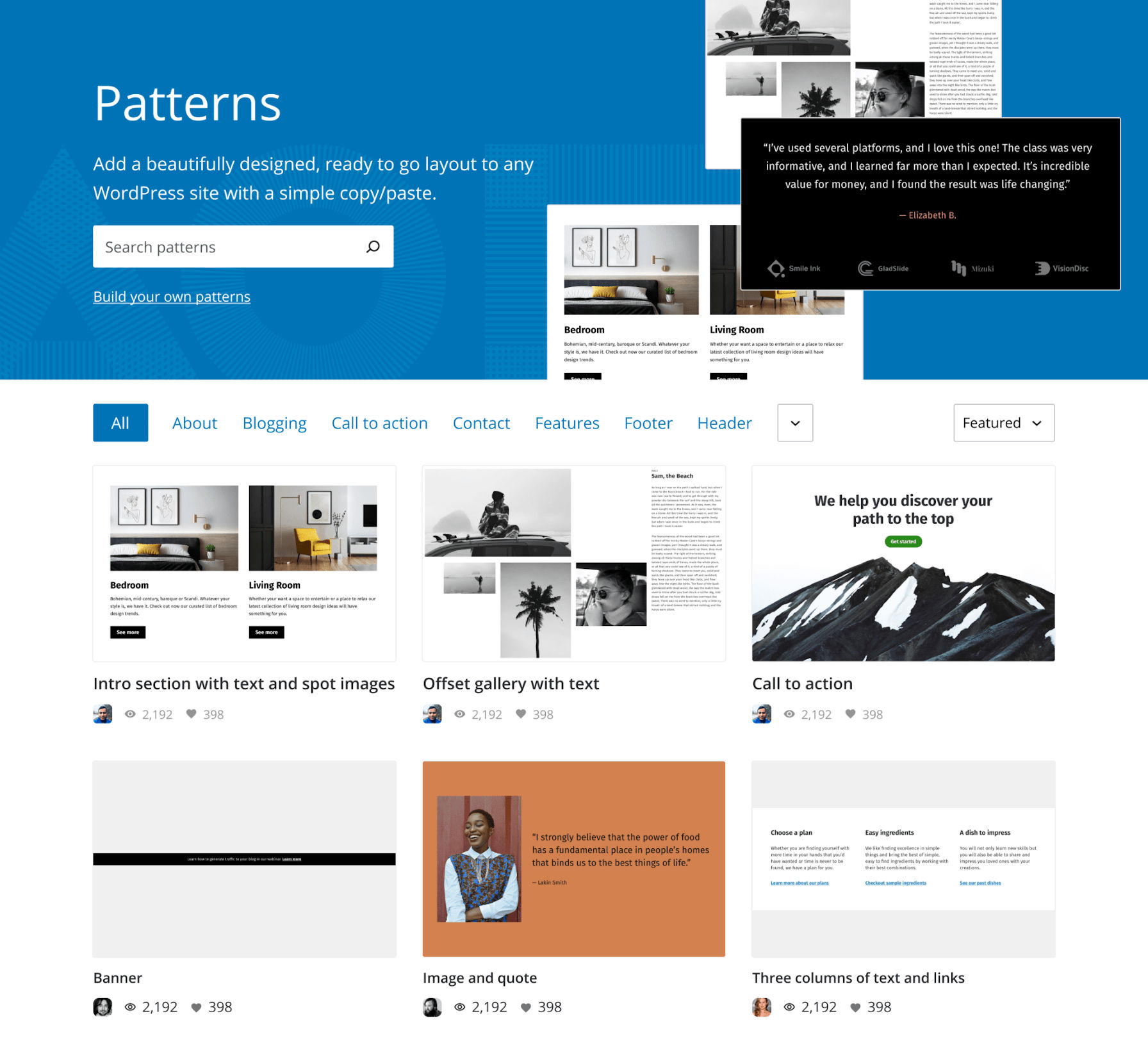 Pattern directory with large hero header and a grid of patterns.