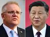 (COMBO) This combination of file photos shows Australian Prime Minister Scott Morrison (L) speaking during a press conference in Canberra on August 17, 2021; and China's President Xi Jinping (R) speaking at Macau's international airport on December 18, 2019. - Australia's Prime Minister Scott Morrison on September 16, 2021 extended an "open invitation" for talks with Chinese President Xi Jinping, after announcing a series of high-tech military purchases spurred by Beijing's growing strength. (Photo by - / AFP)