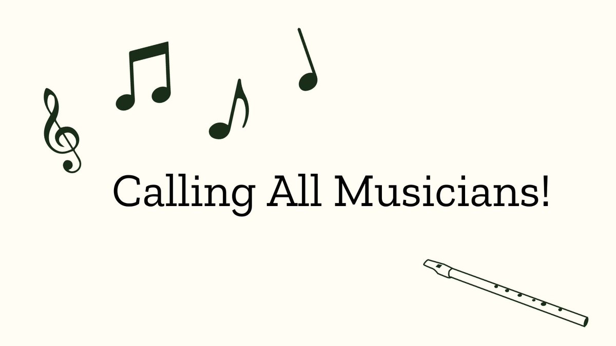  Black music notes are scattered across a cream background. Above the outline of a recorder are the words, "Calling all musicians!" 