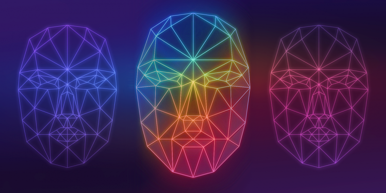 The angular outline of three faces as a computer might see them, colored like a rainbow