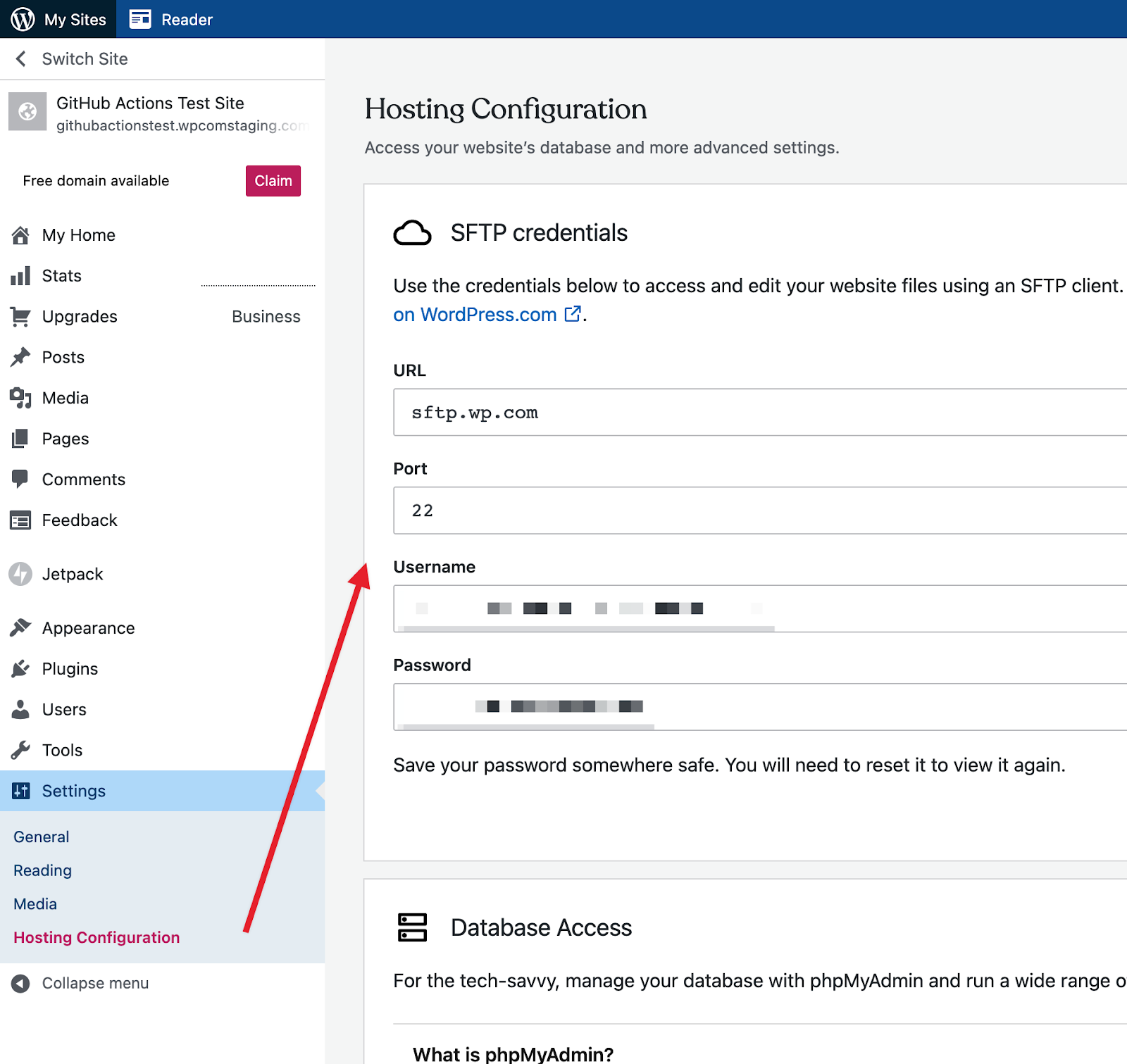 WordPress.com SFTP creds settings page