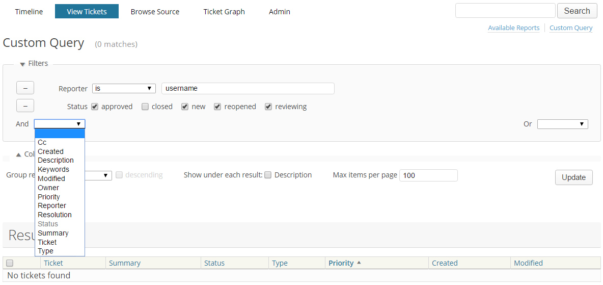 An image describing a form labeled Custom Query, and displays a select list of options available to filter search results.