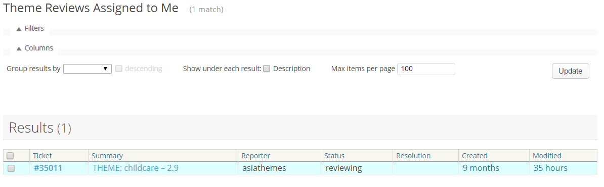 An image describing a form where the user can filter search results. Below the form is a list of themes assigned to the reviewer ( Theme Reviews assigned to me).