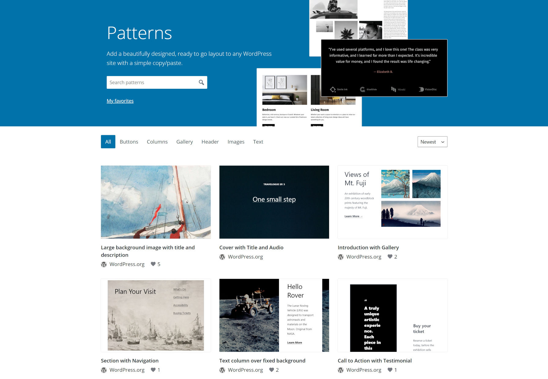 Homepage for the WordPress.org pattern directory, showcasing the latest pattern submissions in a grid.