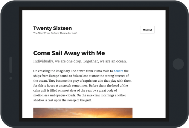 A screenshot of Twenty Sixteen set in an iPad frame