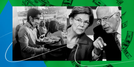 Illustration of a waiter wearing a mask carrying food and drinks at a restaurant and Senators Elizabeth Warren and Bernie Sanders.